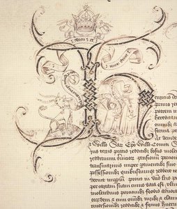 Arkiv 11980: Dekoreret initial H fra kongelig charteroptagelse, bevilling af kong Henry VI til New College Oxford af godserne i Newton Longville af English School
