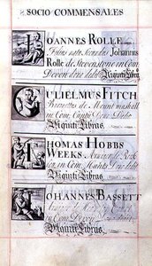 Arkiv 3693 f.65 Side med fire velgørere fra New College, Oxford; Joannes Rolle, Gulielmus Fitch, Thomas Hobbs Weeks og Johannes Bassett, fra en Benefaction Book af English School