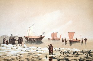 Arctic Travelling, illustration fra Voyage to Baffins Bay og Barrow Straits..., 1852 (håndkoloreret gravering)