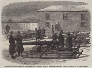 Armstrong Guns pakket på slæder i Ordnance-Yard, St John, New Brunswick, klar til at blive taget over land til Canada (gravering) af English School