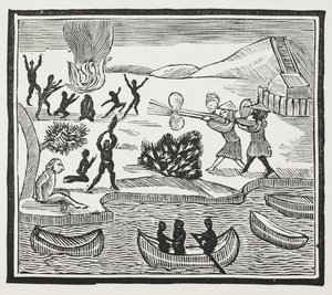 Ankomst af Savages med Christian Prisoner, illustration fra Chap-books of the Eighteenth Century af John Ashton, pub. 1882 af English School