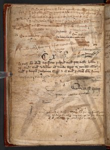 Arundel 292, f.114v, Manuskript med mange kuglepenneforsøg, der illustrerer, hvilken barriere for massefærdigheder fjerpennen var (pen og blæk på papir) af English School