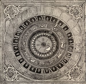 Astronomisk ur i Hampton Court Palace, fra History of Hampton Court Palace i Tudor Times af Ernest Law, udgivet London 1885 af English School