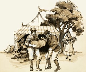 Auf einem Jahrmarkt prüft ein weiser Bauer seine Einkäufe von English School