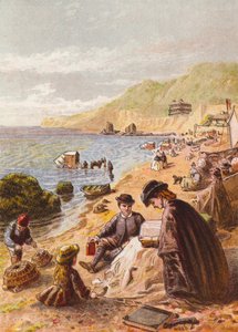 På stranden (farvelitografi) af English School