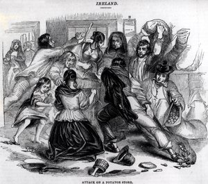Angreb på en kartoffelbutik i Irland, ca. 1845 af English School