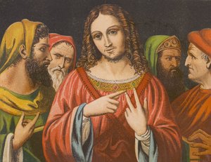 Jesu Kristi autoritet drages i tvivl i templet (farvelitografi) af English School