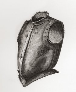 Ryg og brystplade, åbner foran, kendt som Waistcoat Breastplate, ca. 1580, fra The British Army: Its Origins, Progress and Equipment, udgivet 1868. af English School