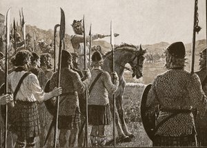 Bannockburn: Bruce gennemgår sine tropper før kamp, illustration fra Cassells Illustrated History of England (sepiafoto) af English School