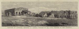 Kaserne ved Cawnpore, forsvaret af general Wheeler i 1857, indtil den blev reduceret til denne tilstand (gravering) af English School