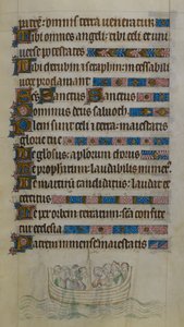 Bas-de-page scene, der viser Thomas Becket og ledsagere krydse kanalen i en båd, mens de rejser i eksil i Frankrig, illustration fra 