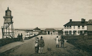 Badehus og sandstrand, Dovercourt (litografi) af English School