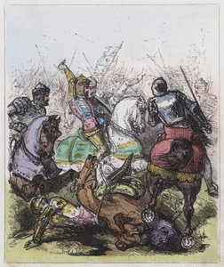 Slaget ved Agincourt (farvet gravering) af English School