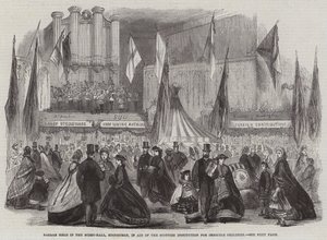 Bazaar afholdt i Music-Hall, Edinburgh, til støtte for den skotske institution for imbecile børn (gravering) af English School