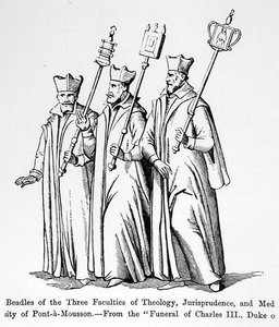 Beadles fra de tre fakulteter for teologi, retspraksis og medicin, fra begravelsen af Charles III (1543-1608) hertugen af Lorraine, illustration fra videnskab og litteratur i middelalderen og th af English School