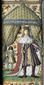 Perleværksspejl, ca. 1672-79 (silke-, metal- og lædertråde med glasperler og spangles på silke-satin slebet beklædt med eg) af English School