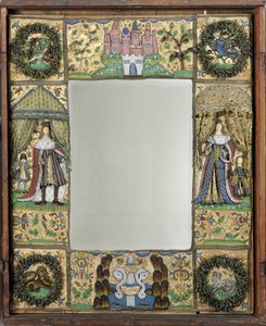 Perleværksspejl, ca. 1672-79 (silke-, metal- og lædertråde med glasperler og spangles på silke-satin slebet beklædt med eg) af English School
