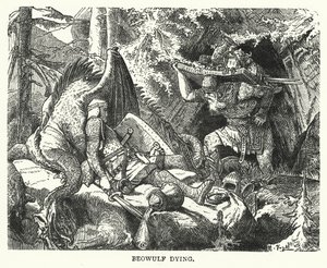 Beowulf døende (gravering) af English School
