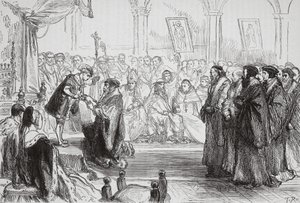 Beza præsenterer den franske protestantiske kirkes bekendelse for kongen ved Colloquy of Poissy, illustration fra The History of Protestantism af James Aitken Wylie (1808-1890), pub. 1878 (eng af English School