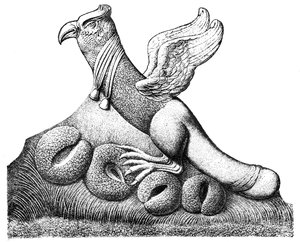 Fugl med spredte vinger og fallisk hale siddende på fire æg, gallo-romersk skulptur fra Nimes i Frankrig af English School