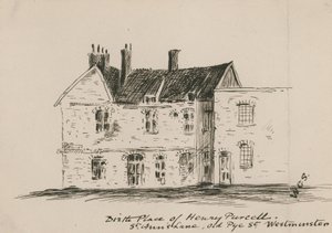 Fødested for Henry Purcell, St Anns Lane, Old Pye Street, Westminster (blæk på papir) af English School