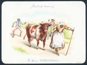 Schwarze Frau führt Kuh, Weihnachtskarte von English School