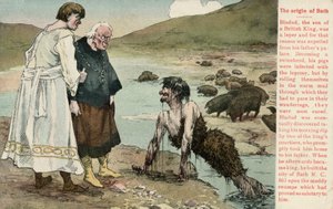 Bladud, en legendarisk konge af briterne, der siges at have grundlagt byen Bath (farve litho) af English School