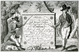 Blake, Gunmaker og Sword Cutler, våbenkasselabel (gravering) af English School