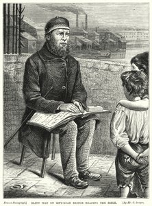 Blind mand på City-Road Bridge læser Bibelen (gravering) af English School