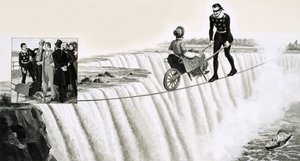Blondin (Francois Gravelet) skubber en trillebør hen over en stram reb over Niagara Falls af English School