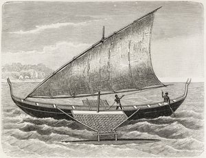 Boat of the Mortlock Islands, med støtteben og sejl af rush-matting, fra 