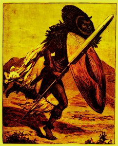 Bongo warrior, illustration fra The Story of Man af J. W. Buel, udgivet 1889 (digitalt forbedret billede) af English School