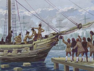 Boston Tea Party (gouache på papir) af English School