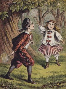 Dreng og pige leger med bat og bold (farvelitografi) af English School