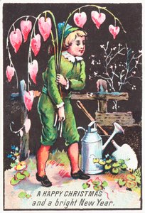 Dreng bærer blødende hjerte blomster, julekort af English School