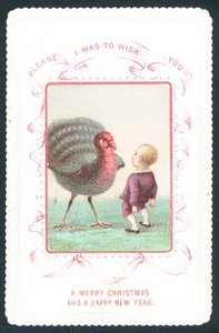 Dreng ansigt til ansigt med kalkun, julekort af English School