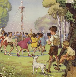 Dreng, der filmer børn, der danser omkring en majpæl (farve litho) af English School