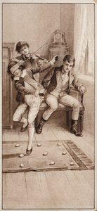 Dreng spiller et spil, hvor han skal forsøge at undgå at træde på æg med bind for øjnene (litho) af English School