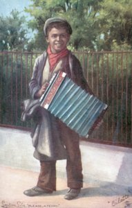 Dreng spiller harmonika (farve litho) af English School