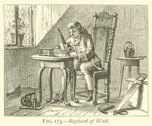 Boyhood of Watt (gravering) af English School