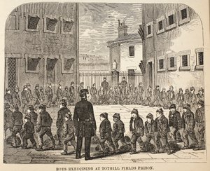 Drenge træner i Tothill Fields Prison, illustration fra The Criminal Prisons of London og Scenes from Prison Life af Henry Mayhew og John Binny, pub. 1862 af English School