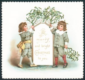 Drenge hængende mistelten for at underskrive, julekort af English School