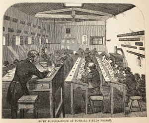 Drengeskoleværelse i Tothill Fields Prison, illustration fra The Criminal Prisons of London og Scenes from Prison Life af Henry Mayhew og John Binny, pub. 1862 af English School