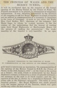 Armbånd overrakt til prinsessen af Wales til minde om åbningen af Mersey-tunnelen (gravering) af English School