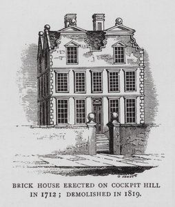 Murstenshus opført på Cockpit Hill i 1712; revet ned i 1819 (gravering) af English School