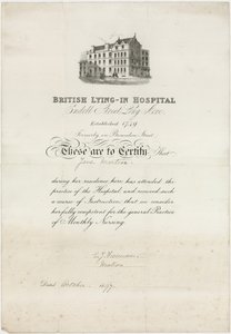 Britisk liggende hospital. Sygeplejecertifikat af English School