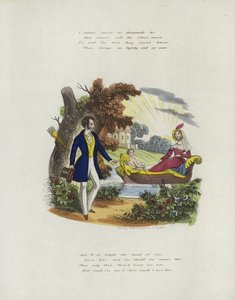 Britisk Valentine-kort med et billede af en kerub, der ror en kvinde i en båd af English School