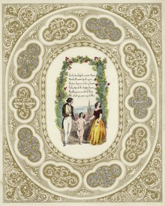 Britisk Valentine-kort med et billede af et par med en kerub af English School