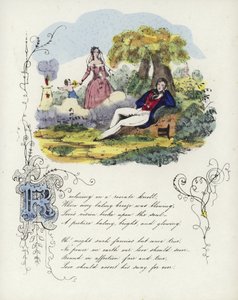 Britisk Valentine-kort med et billede af en mand og en kvinde i en have med en kerub af English School
