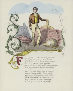 Britisk Valentine-kort med et billede af en mand, der bygger en murstensvæg af English School